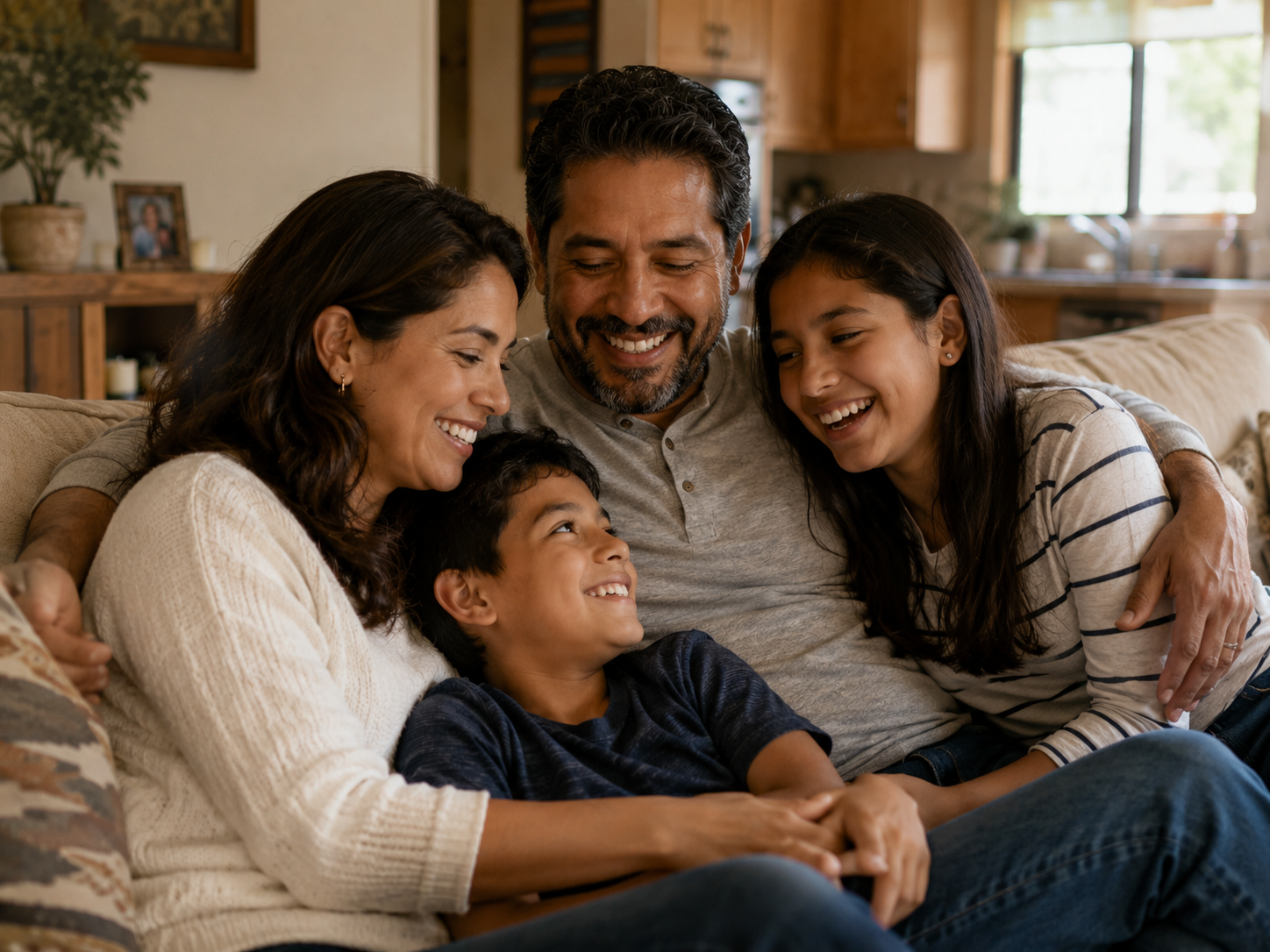 Familia latina multigeneracional en sala de estar, padres y dos hijos jóvenes