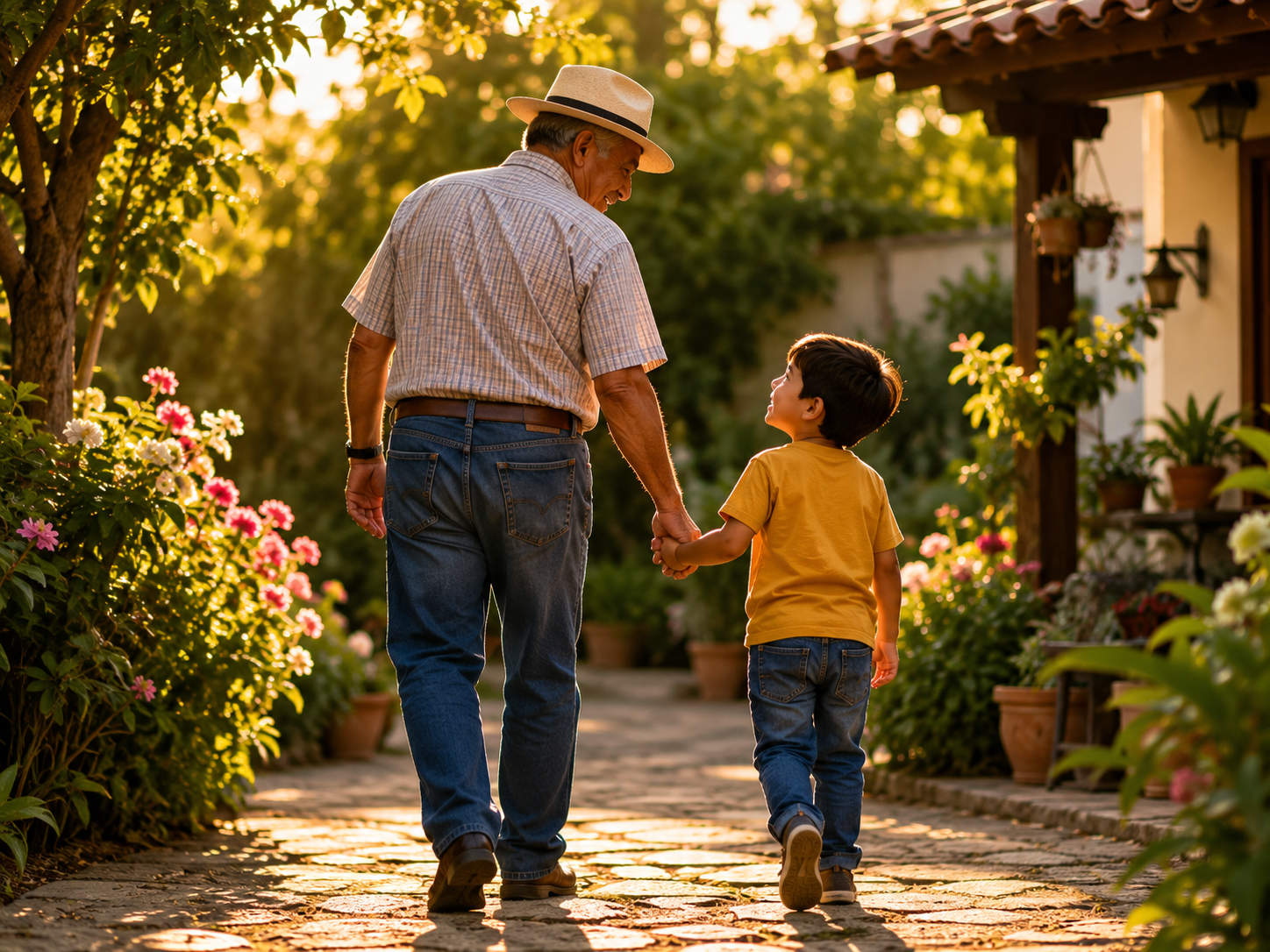 Abuelo latino con nieto pequeño en jardín, momento íntimo y cálido