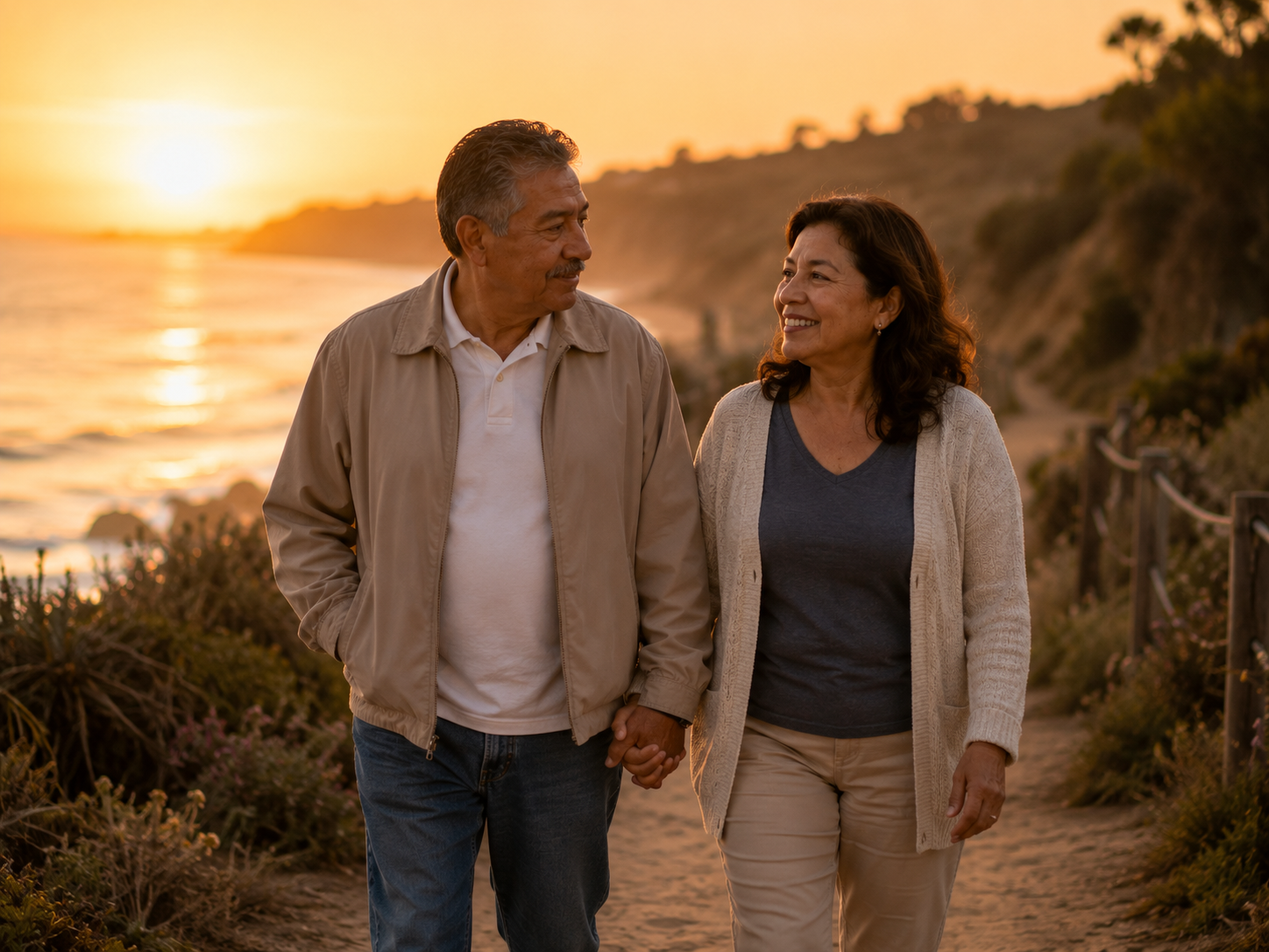 Pareja latina de unos 60 años caminando relajados al atardecer