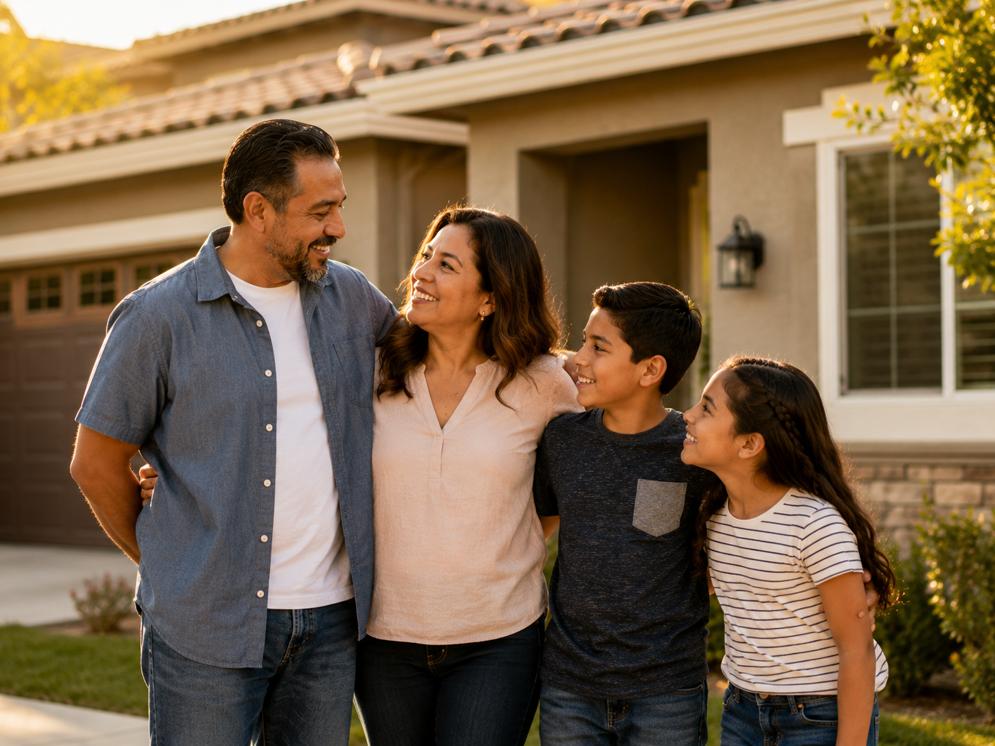 Familia latina frente a su casa, padres con dos hijos, ambiente cálido