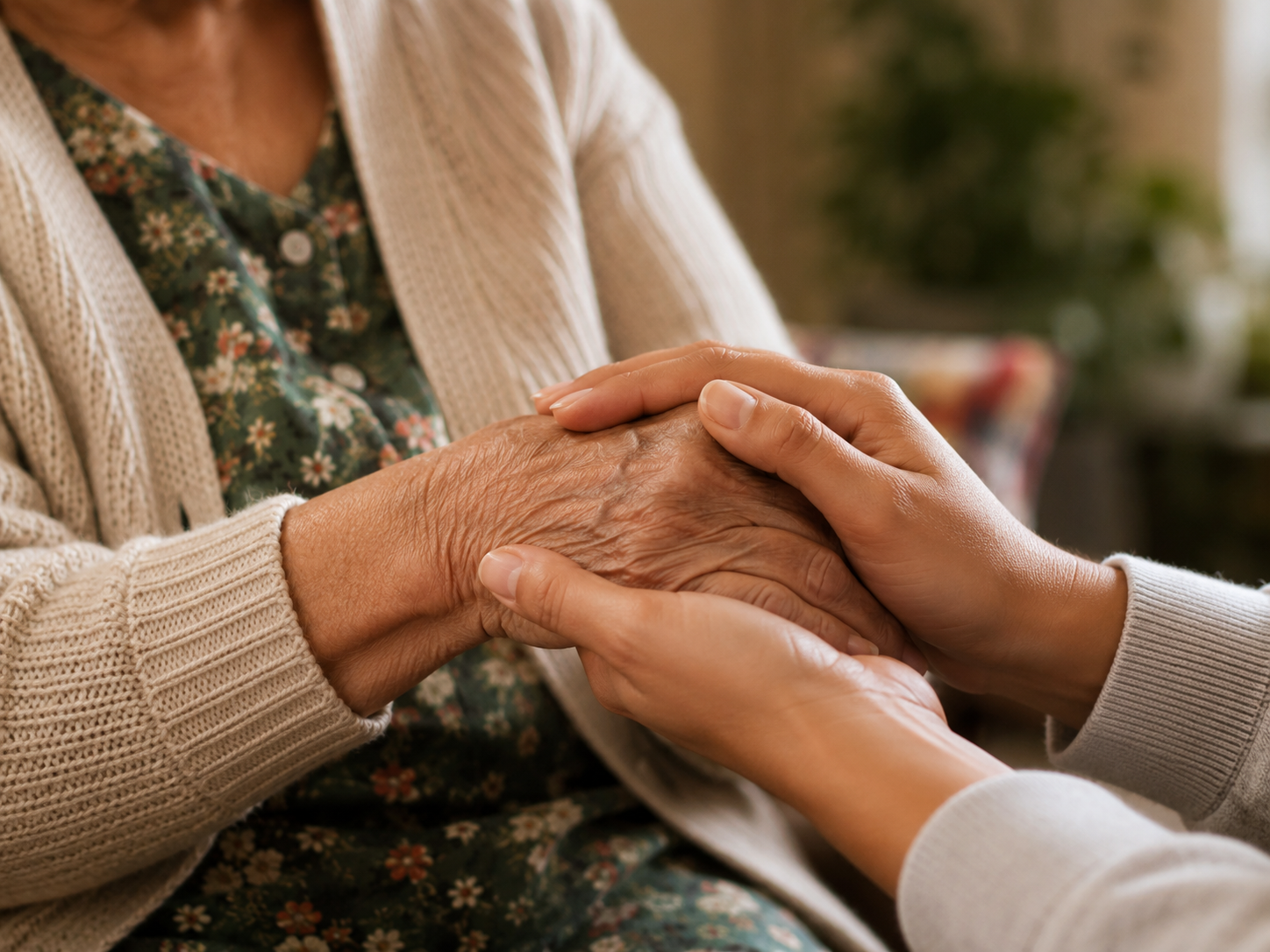 Manos de hija adulta sosteniendo las manos de su madre mayor latina