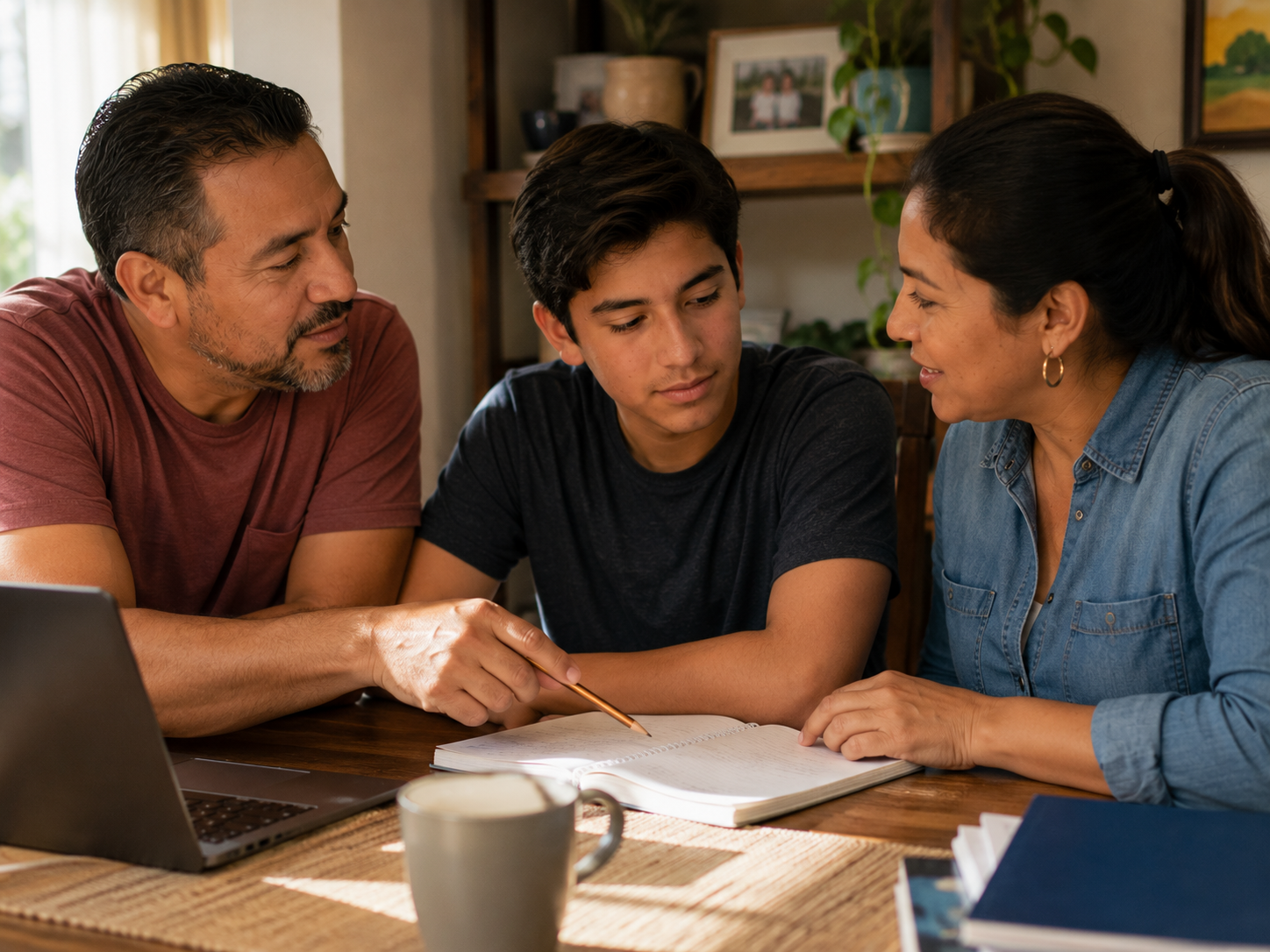 Padres latinos enseñando a hijo adolescente en la mesa, ambiente educativo cálido